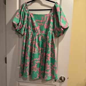 Floral Puff Sleeve Mini Dress - Green and Pink